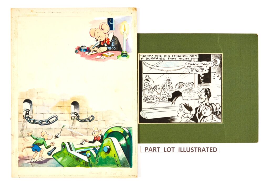 Teddy Tail original colour artwork by Roland Davies (1950s) watercolour on board 14 x 10 ins, with Terry-Thomas panel original artwork from Film Fun cover dated 27th July 1957 by A. T. (Bertie) Brown. Indian ink and blue crayon on card 7 x 6 ins