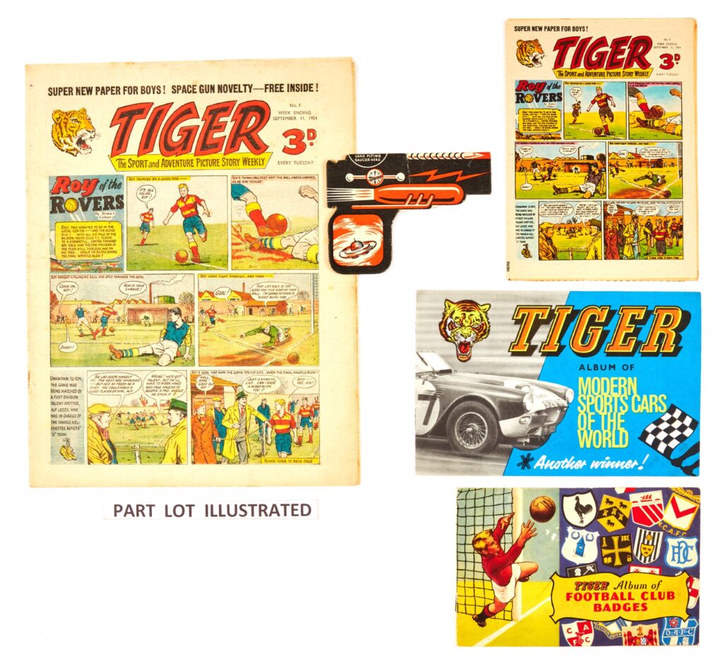 Tiger No 1 (1954) With Free Gift Space Gun (lacking the 6 Flying Saucer bullets). Including The Tiger Album of Football Club Badges (24th September 1960), Tiger Album of Modern Sports Cars of the World (1962) (8 of the 16 colour phots attached). The Tiger No 1 mini giveaway free gift (22nd Sept 1979). The 1954 No 1 has had its staples removed to prevent further rust marks
