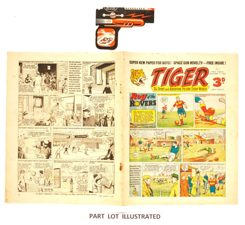 Tiger No 1 (1954) With Free Gift Space Gun (lacking the 6 Flying Saucer bullets). Including The Tiger Album of Football Club Badges (24th September 1960), Tiger Album of Modern Sports Cars of the World (1962) (8 of the 16 colour phots attached). The Tiger No 1 mini giveaway free gift (22nd Sept 1979). The 1954 No 1 has had its staples removed to prevent further rust marks