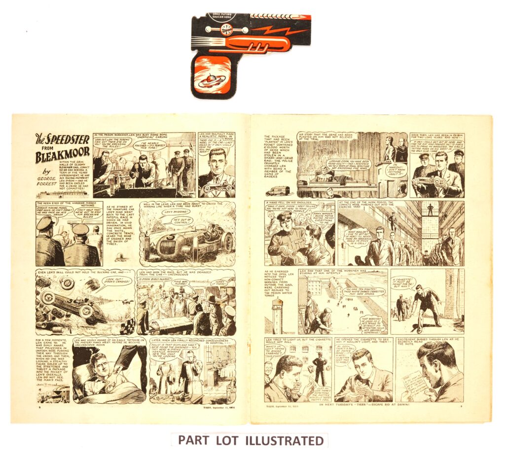 Tiger No 1 (1954) With Free Gift Space Gun (lacking the 6 Flying Saucer bullets). Including The Tiger Album of Football Club Badges (24th September 1960), Tiger Album of Modern Sports Cars of the World (1962) (8 of the 16 colour phots attached). The Tiger No 1 mini giveaway free gift (22nd Sept 1979). The 1954 No 1 has had its staples removed to prevent further rust marks