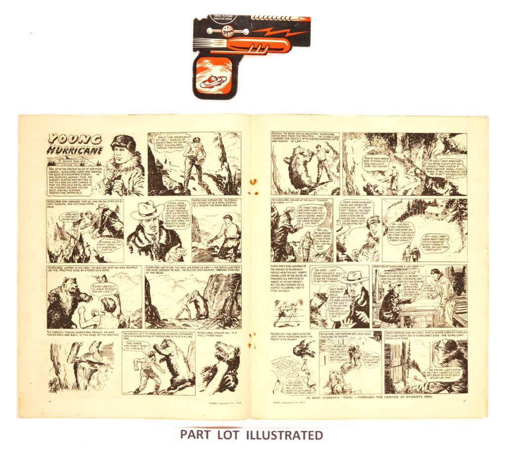 Tiger No 1 (1954) With Free Gift Space Gun (lacking the 6 Flying Saucer bullets). Including The Tiger Album of Football Club Badges (24th September 1960), Tiger Album of Modern Sports Cars of the World (1962) (8 of the 16 colour phots attached). The Tiger No 1 mini giveaway free gift (22nd Sept 1979). The 1954 No 1 has had its staples removed to prevent further rust marks