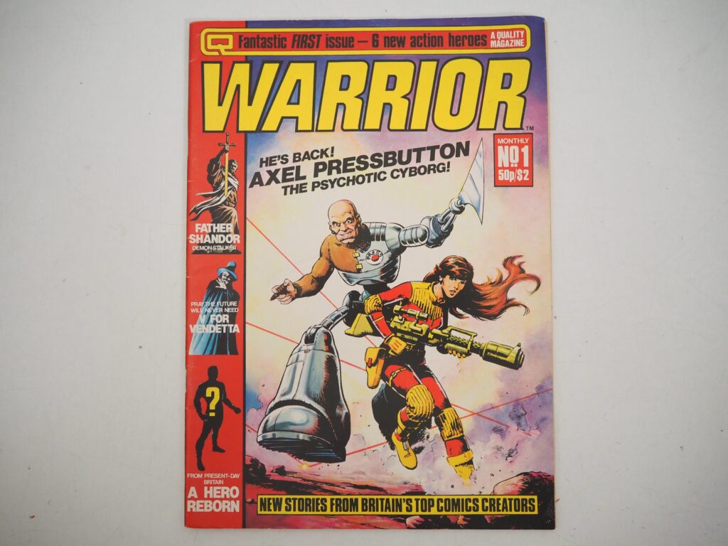 Warrior No. 1 (1982 by Quality). First issue of the comics anthology that includes the debut of the “V for Vendetta” stories, the first appearance of Axel Pressbutton and the first appearance of Marvelman since 1963.