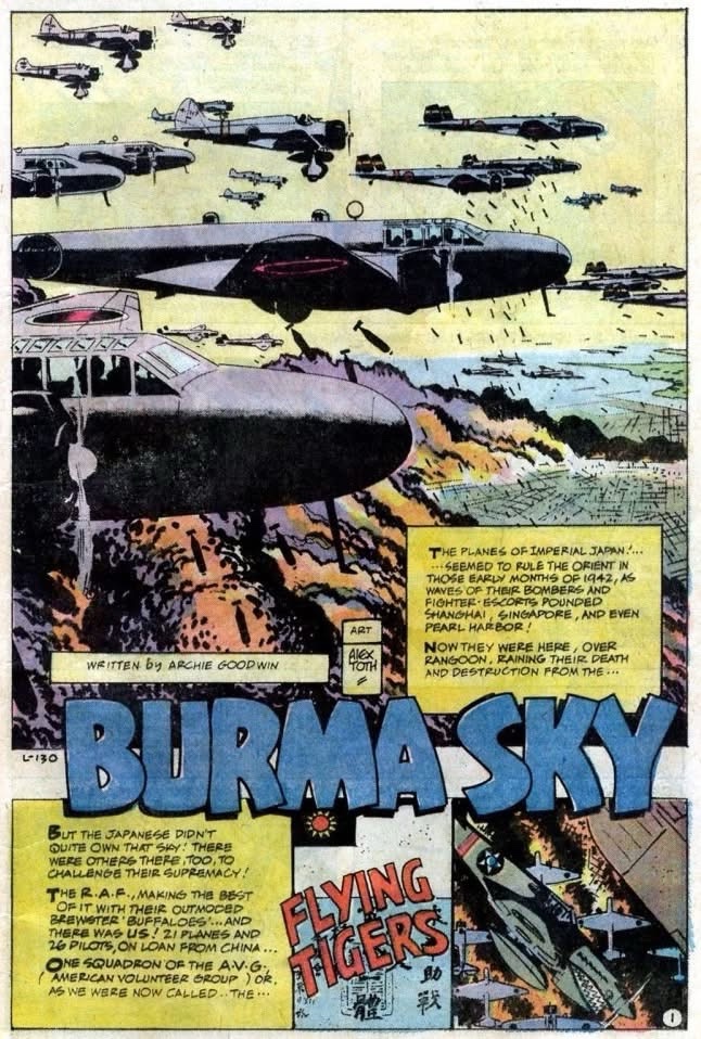 The opening page of “Burma Sky”, a short story that was published in Our Fighting Forces, Vol. 1 # 146. Art by Alex Toth, scripted by Archie Goodwin