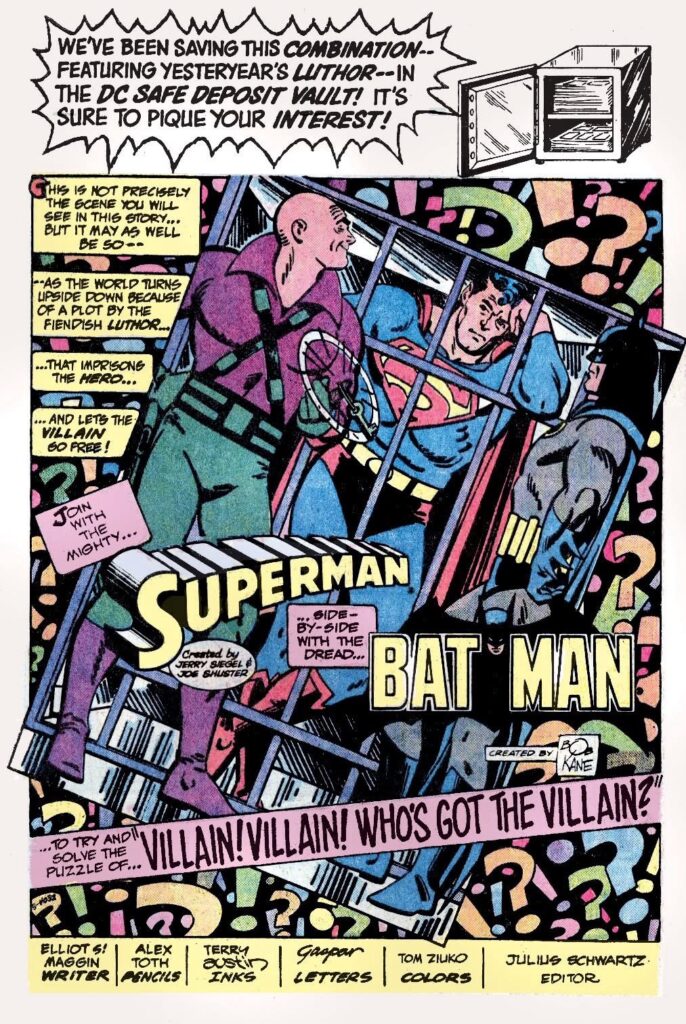 The opening page of a 30 page story from Superman Annual #9 (1983) that has never been reprinted, featuring art by Alex Toth, inked by Terry Austin, coloured by Tom Ziuko, one of the last stories that Toth completed and a wonderful read. “The splash page exemplifies its many qualities,” José Villarrubia has previously noted, “playful design, masterful composition, and being Toth, a great sense of fun.”