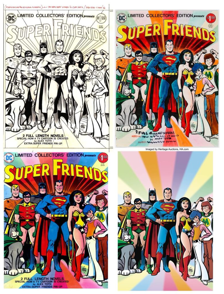 Sol Harrison provided the colour guide for Alex Toth’s Super Friends Limited Collectors' Edition cover (top right). DC decided to patch Toth’s Superman face with one by Curt Swan and George Klein. It was subsequently recoloured for the Super Friends: Saturday Morning Comics (bottom right). Via José Villarrubia