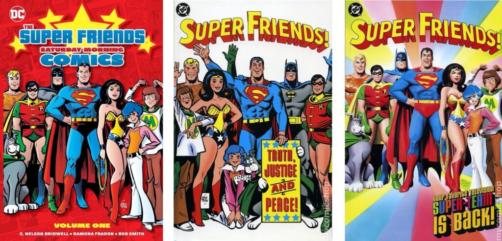Three reprints of Alex Toth’s cover art for the Super Friends Limited Collectors' Edition: the first on with a different background, the middle reprinting the back cover of the LCE, and the last one by Alex Ross (preserving the drawing of the Alex Toth Superman's face), fixed by Mark Chiarello. Via José Villarrubia