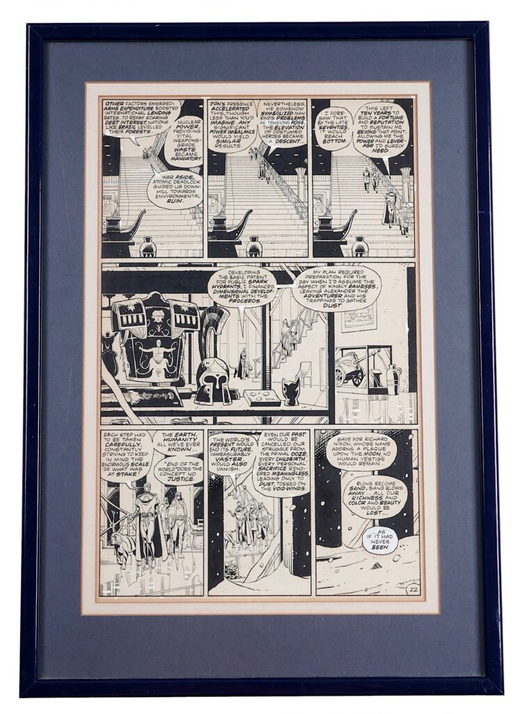 A page of original artwork by comic artist Dave Gibbons for DC Comics Watchmen Issue 12, page 22. Measures 41 x 28cms in glazed frame, 54 x 38cms overall