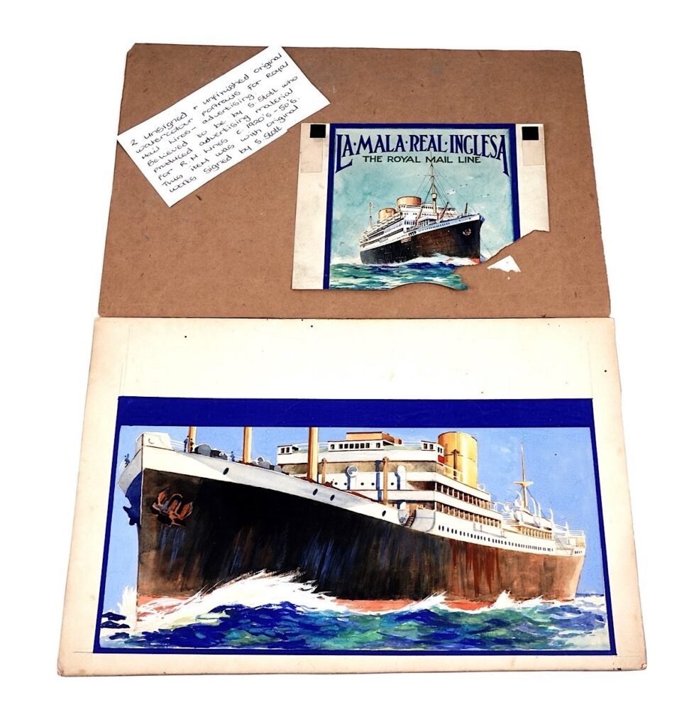 Two unsigned and unfinished original artwork designs for posters advertising the Royal Mail Line, after S. Stott, the largest measuring 34.5 x 22cms
