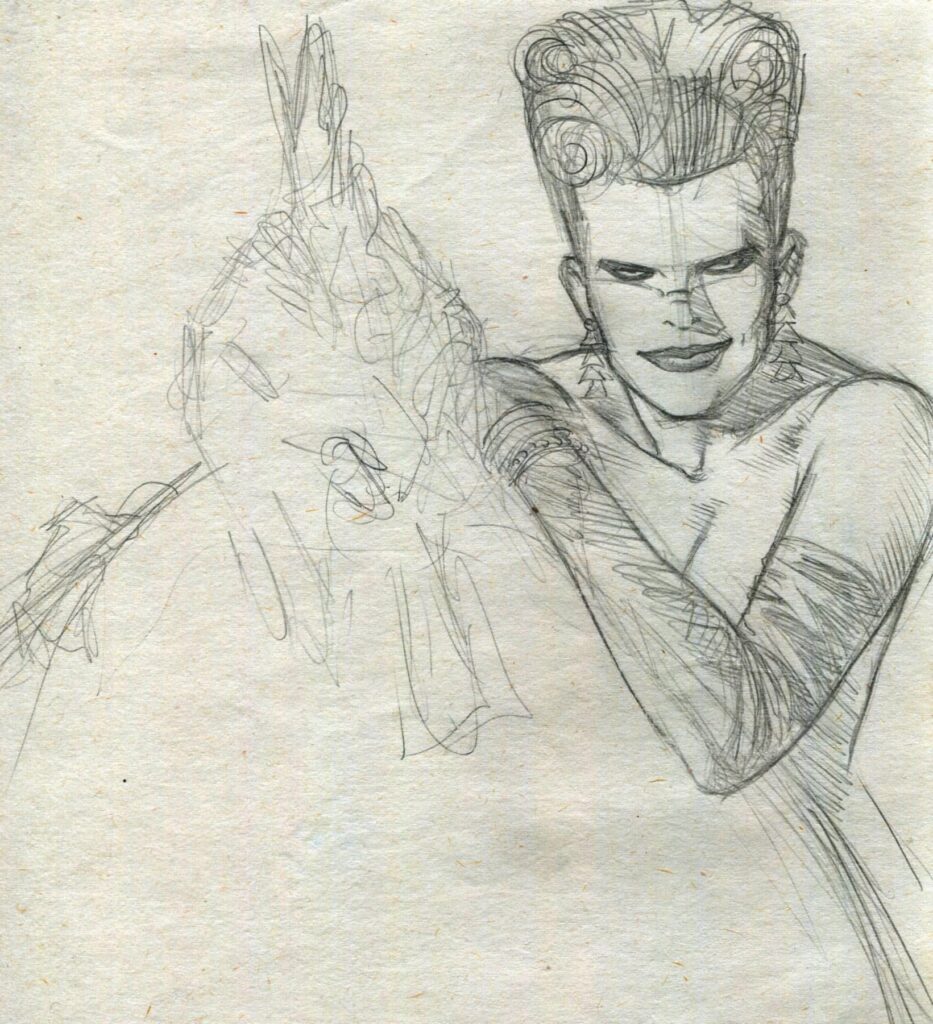 Before the Actress & the Bishop Brian considered this character in a relationship with a giant chicken. He found this illustration in a book that had been on a shelf un-looked-at for decades back in 2022