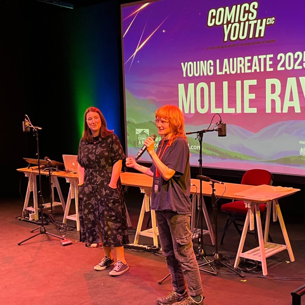 Mollie Raye (right) and Anna MacDonald of Comics Youth CIC at the Lakes International Comic Art Festival opening night