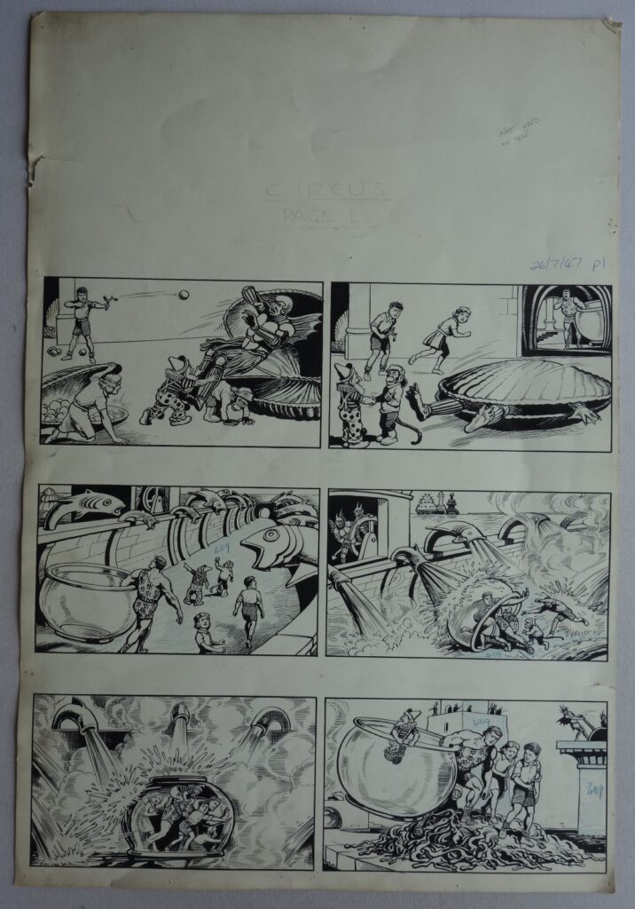 Original art by Dudley Watkins, "Shipwrecked Circus", for Beano No. 314 published in 1947