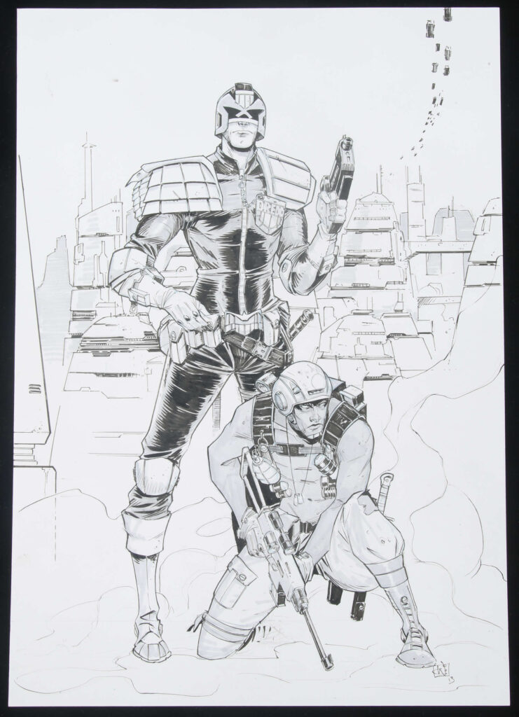 Chris Wildgoose an original artwork of Judge Dredd and Rogue Trooper from 2000 AD (2013).
Illustrated work, graphite and inks to paper.

Signed by artist to lower margin.

Generally excellent condition.

Original art size approximately: 29.5cm x 20.5cm.