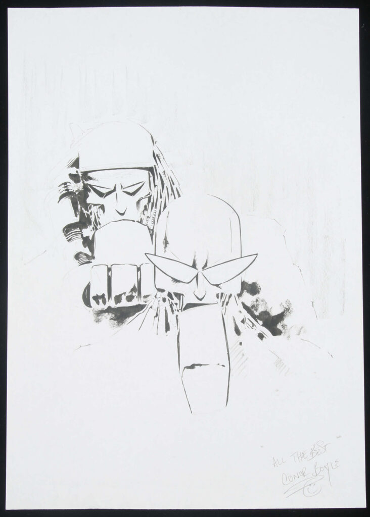 Connor Boyle an original artwork of Hammerstein & Joe Pineapples from 2000 AD.
Illustrated work, graphite and inks to paper.

Signed by artist to lower margin.

Generally excellent condition.

Original art size approximately: 29.5cm x 20.5cm.