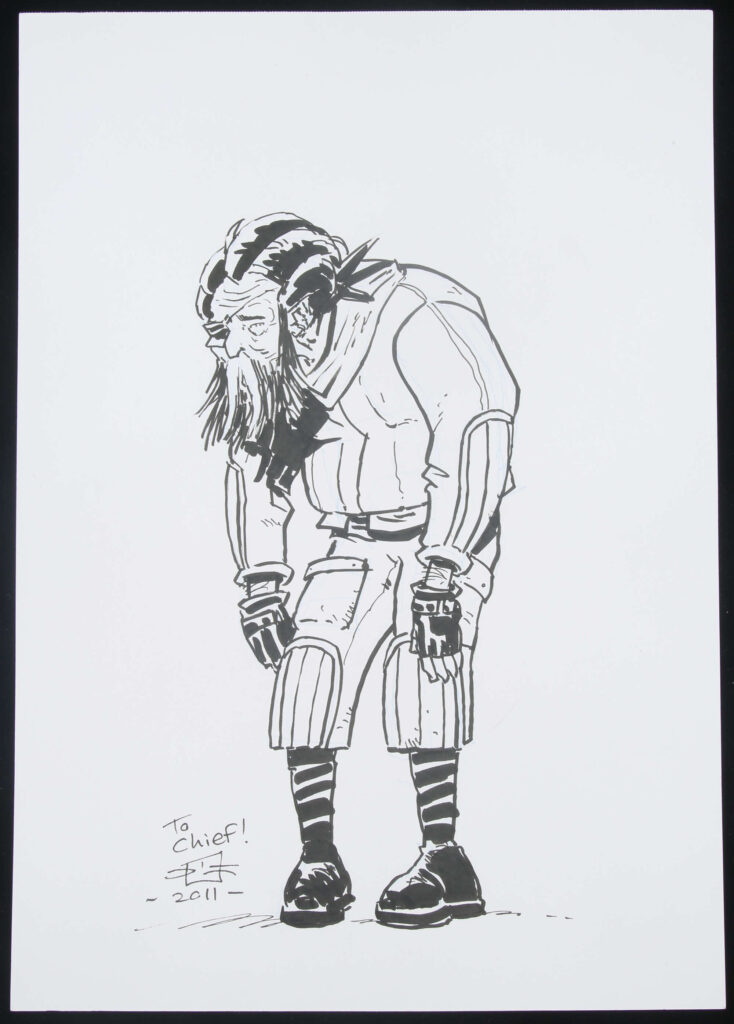 DIsraeli an original artwork of Dirty Frank from 2000 AD (2011).
Illustrated work, graphite and inks to card.

Signed by artist to lower margin. Dedicated by artist.

Generally excellent condition.

Original art size approximately: 29.5cm x 20.5cm.
