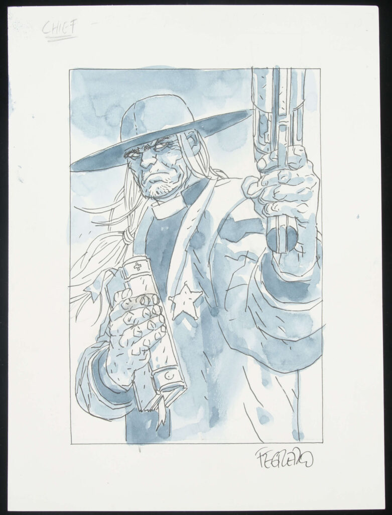Duncan Fegredo an original artwork of Missionary Man from 2000 AD.
Illustrated work, graphite and inks to card.

Signed by artist to lower margin. Dedicated by artist in pencil.

Generally excellent condition.

Original art size approximately: 29.5cm x 20.5cm.