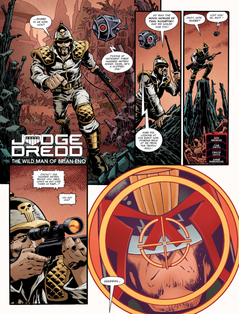 2000AD 2448 - JUDGE DREDD // THE WILD MAN OF BRIAN ENO by Ken Niemand (Writer) Cam Smith (Artist) Emilio Lecce (Colourist) Annie Parkhouse (Letterer)