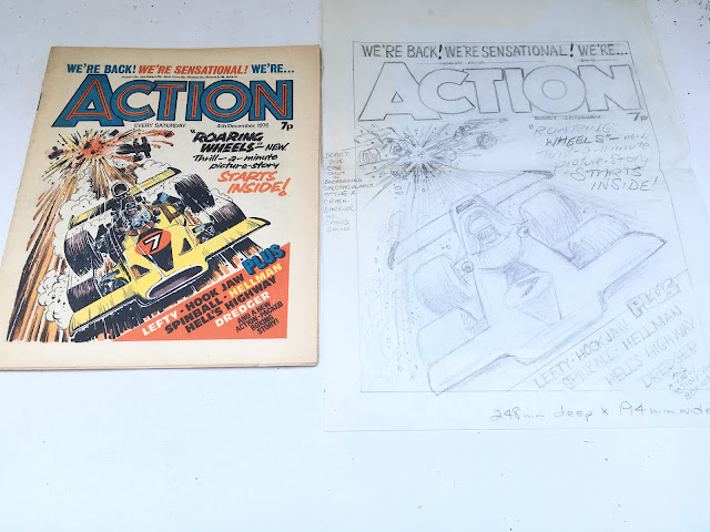 Colin Wyatt’s concept art for Action, cover date 4th December 1976. This was the first issue of the re-launched Action comic. The art was sold at auction in 2025. With thanks to Richard Sheaf