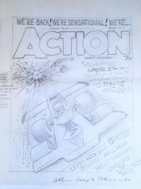 Colin Wyatt’s concept art for Action, cover date 4th December 1976. This was the first issue of the re-launched Action comic. The art was sold at auction in 2025. With thanks to Richard Sheaf