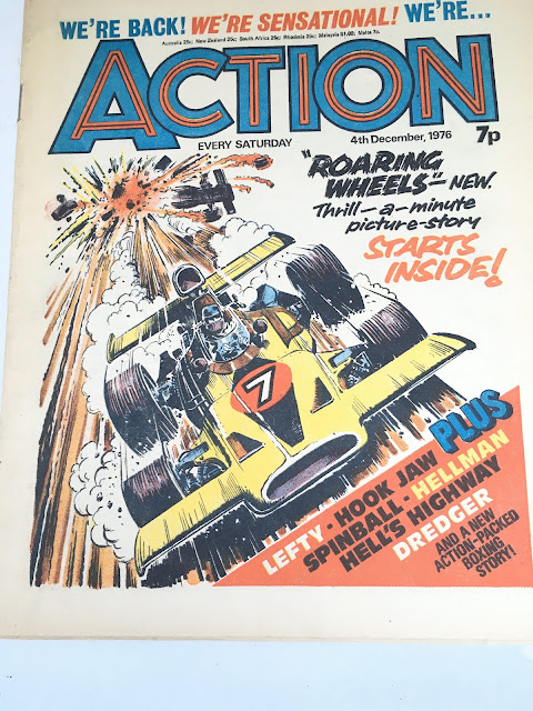 Colin Wyatt’s concept art for Action, cover date 4th December 1976. This was the first issue of the re-launched Action comic. The art was sold at auction in 2025. With thanks to Richard Sheaf