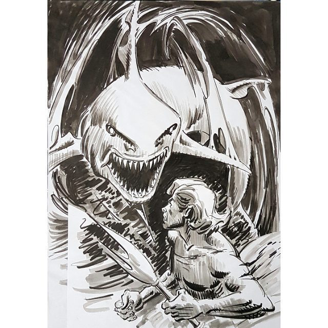 Hook Jaw cover rough by Ramon Sola, via Rufus Dayglo. “He drew this at my house as a company were collecting up the old Action Comics 'Hook Jaw' as a trade paper back,” Rufus has previously noted. “The editor then said he didn't want/need the new cover... His collection was awful (poorly printed and terrible reproduction), so I am relieved Ramon didn't waste his time. Ramon is an absolutely incredible artist, and one of my heroes.”