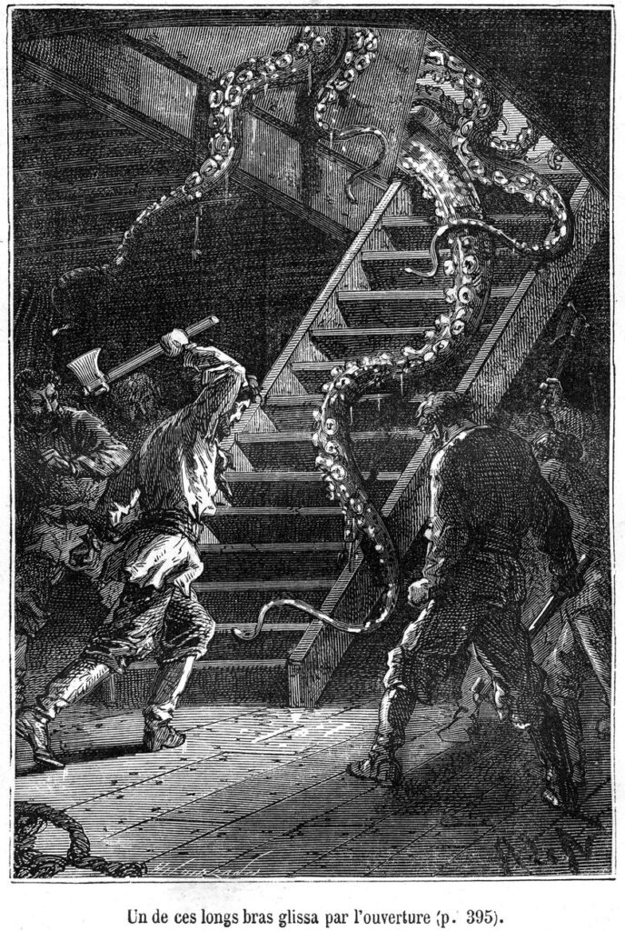 Art by Alphonse de Neuville, depicting a scene from Jules Verne's “Twenty Thousand Leagues Under the Seas” - a giant squid invades the Nautilus