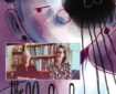 Translators Robin Lang and Helge Dascher against the cover of The Jellyfish by Boum