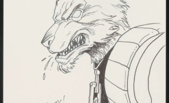 Steve Dillion an original artwork of Wolf Judge Dredd from 2000AD (2014). Illustrated work, graphite and inks to card. Signed by artist to lower margin. Generally excellent condition. Original art size approximately: 26.5cm x 17cm.