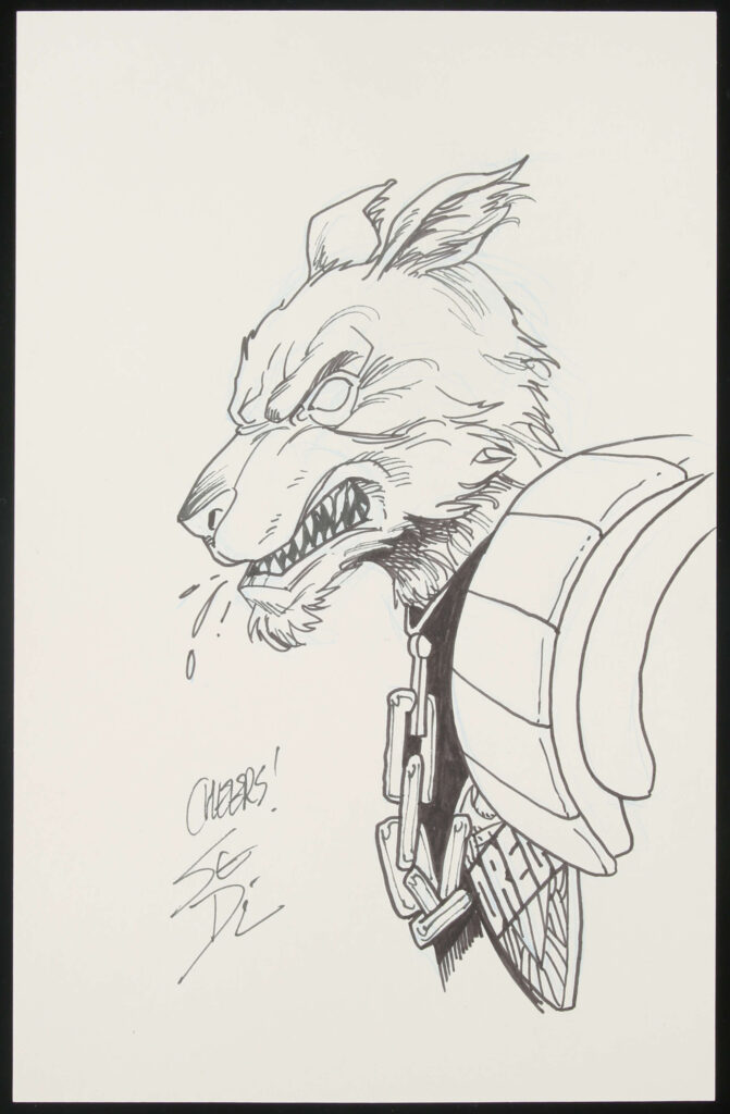 Steve Dillion an original artwork of Wolf Judge Dredd from 2000AD (2014).
Illustrated work, graphite and inks to card.

Signed by artist to lower margin.

Generally excellent condition.

Original art size approximately: 26.5cm x 17cm.