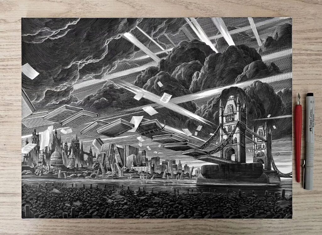 The cover art for The Great When was created on 16x12" Ampersand Art claybord with ink pens and a scratching knife by Nico Delort, designed by Greg Heinimann