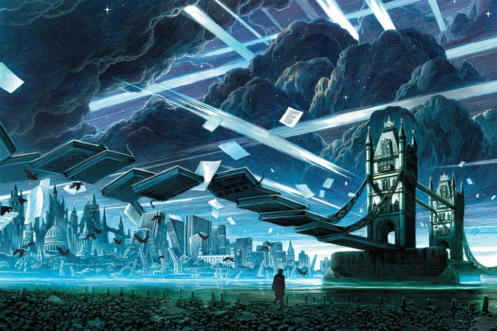 The cover art for The Great When was created on 16x12" Ampersand Art claybord with ink pens and a scratching knife by Nico Delort, designed by Greg Heinimann
