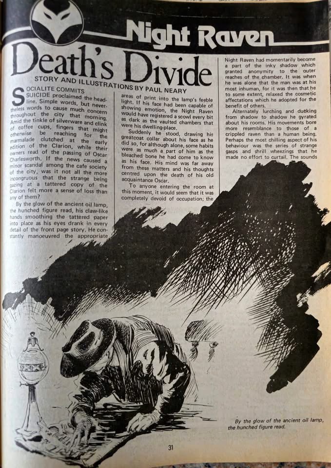 The opening page of the Night Raven prose story from Marvel Super-heroes no. 382, written and illustrated by Paul Neary
