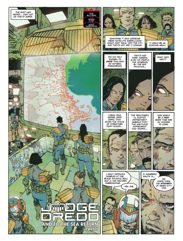 2000AD 2456 - JUDGE DREDD // AND TO THE SEA RETURN 
by Rob Williams (Writer) Henry Flint (Artist) Annie Parkhouse (Letterer)