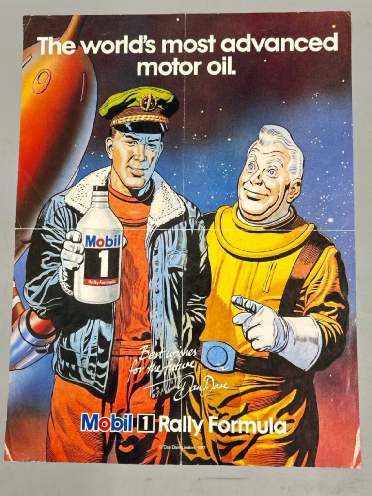 A promotional poster for the 1987 Mobil Oil advertising campaign  featuring Dan Dare holding a bottle of Mobil 1 Rally Formula oil | Via Wellers Auctions