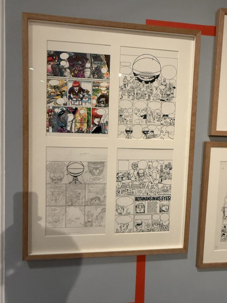 Jamie Hewlett process pages for Phoo Action. “The Future Was Then” exhibition at the Cartoon Museum, London. Photo: Dean Simons