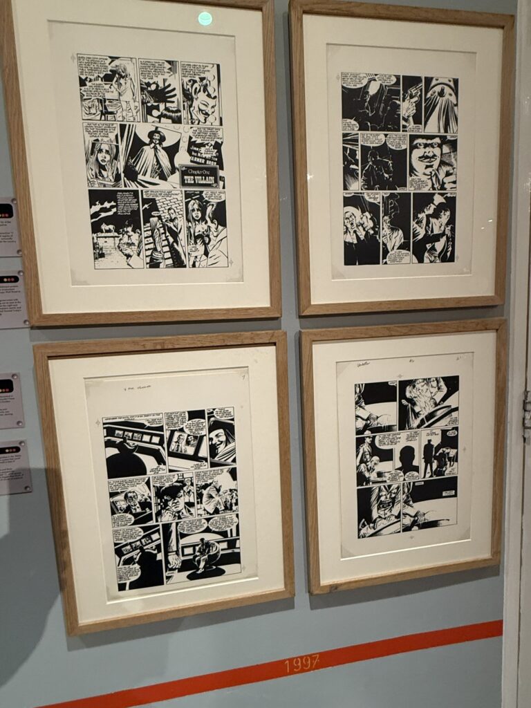 “V for Vendetta” art by David Lloyd. “The Future Was Then” exhibition at the Cartoon Museum, London. Photo: Dean Simons