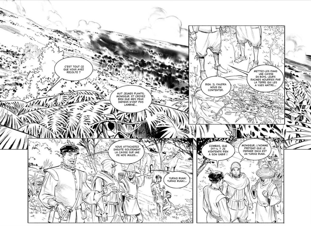 A sample spread by Alberto Foche from the first volume of L'Inca Blanc written by Serge Perrotin, which will be published by Soleil