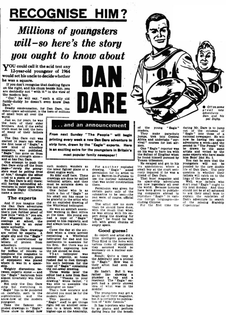 The People announces its "Dan Dare" newspaper strip in the edition published on 26th April 1964