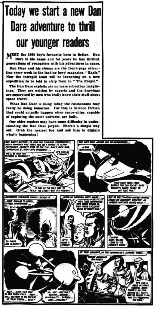 The opening episode of "Dan Dare: Mission to the Stars", as presented in The People on Sunday 3rd May 1964