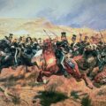 Charge of the Light Brigade, Balaclava, 25 October 1854 by Richard Caton Woodville. Published by Henry Greaves and Co, London, 1895. The National Army Museum notes the painting depicts the 17th Light Dragons (Lancers) at the beginning of the Charge. The central figure is the painting is Private James William Wightman, who was severely wounded and taken prisoner