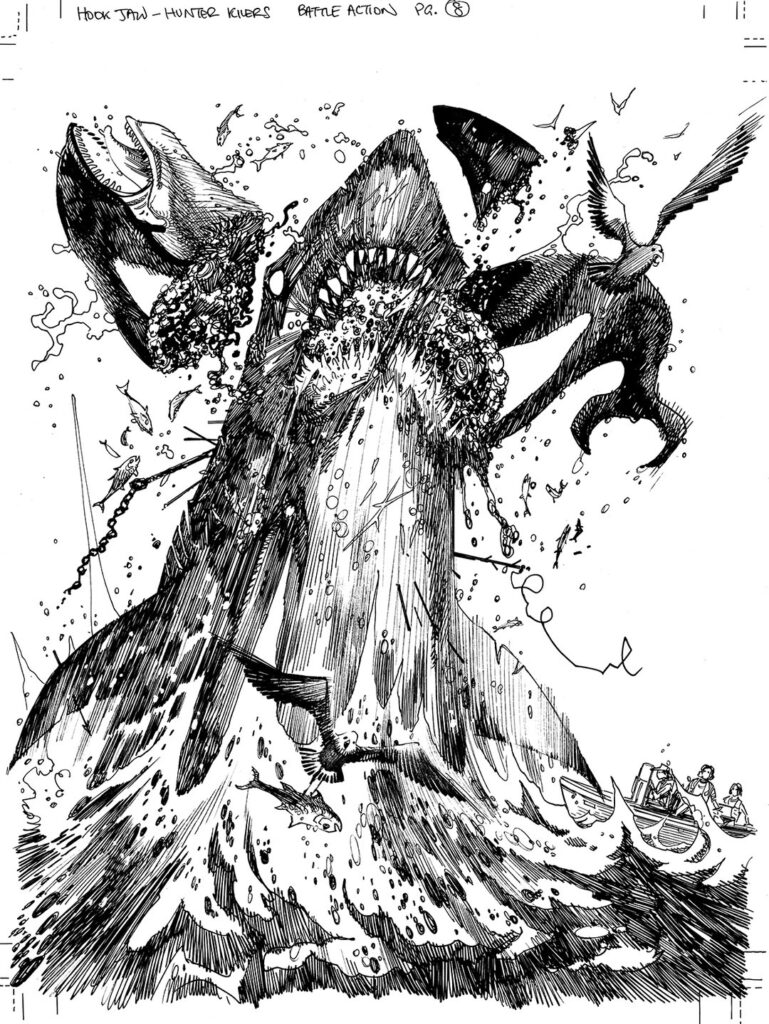 Black and white line art for Hookjaw for Battle Action by John McCrea