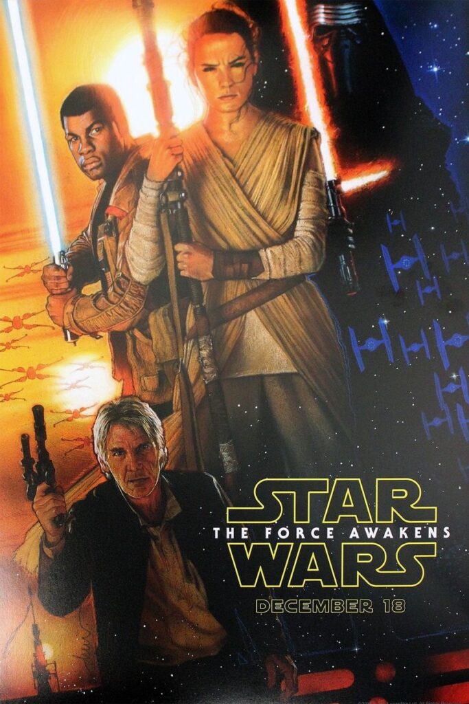 The first Star Wars: The Force Awakens poster by Drew Struzan, showing Finn (John Boyega), Rey (Daisy Ridley), Han Solo (Harrison Ford) and Kylo Ren (Adam Driver)