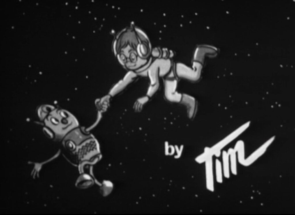 A frame from the titles for Bleep and Booster, a children's cartoon series by William Timym, originally shown on the BBC's 'Blue Peter' programme | Via Ravensbourne University London