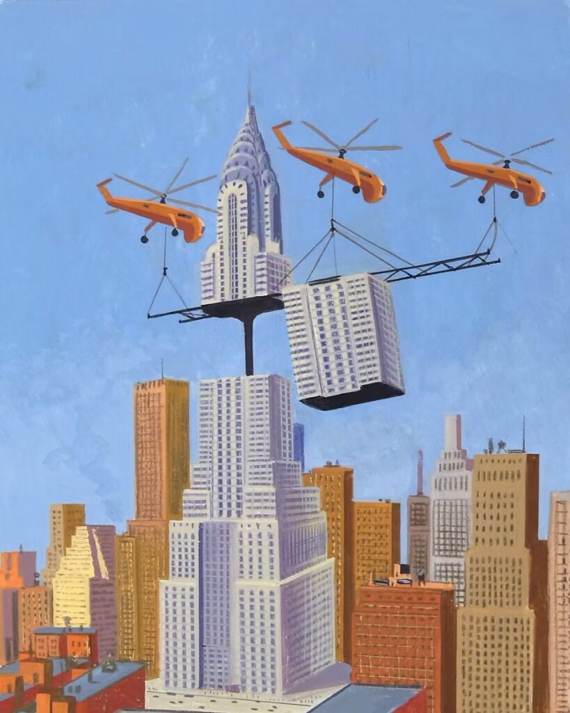 Rebuilding, 2014 by Bruce McCall | Gouache on board, 16" X 14" | Cover of The New Yorker, April 26 & May 3, 2021