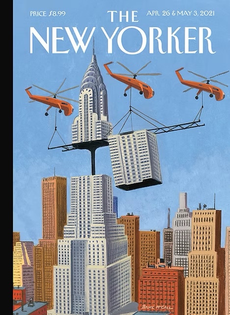 Rebuilding, 2014 by Bruce McCall | Gouache on board, 16" X 14" | Cover of The New Yorker, April 26 & May 3, 2021