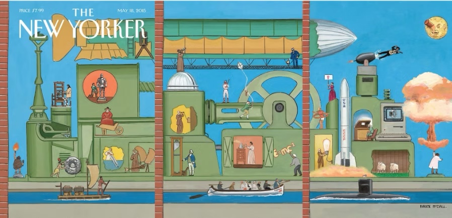 Innovation, 2015 by Bruce McCall | Gouache on board, 14" X 30" | Cover of The New Yorker, May 18, 2015 (special edition 3-page fold-out)
