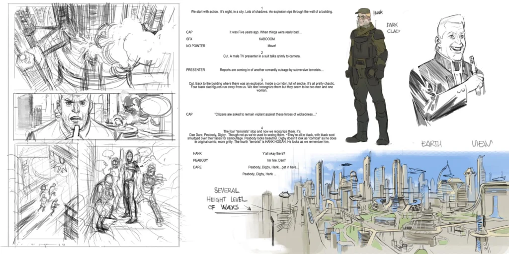 Script to page: Peter Milligan's script for the opening page of "He Who Dares", and accompanying design work