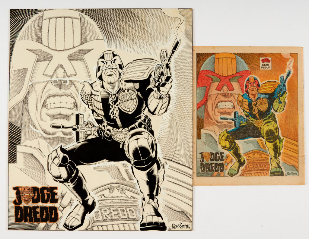 Judge Dredd original back cover artwork (1982) drawn and signed by Ron Smith from 2000AD prog 294, cover dated 11th December 1982 (included in the lot). Bright, fresh condition. Indian ink and black pen on board. 17 x 14 ins