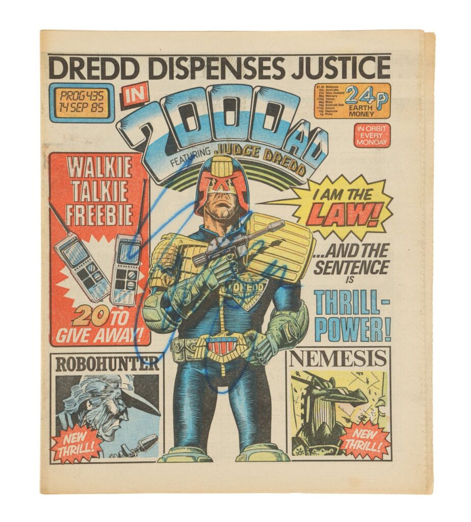 One of a set of four 2000AD comics autographed by Sylvester Stallone on the production of Danny Cannon's sci-fi action film Judge Dredd