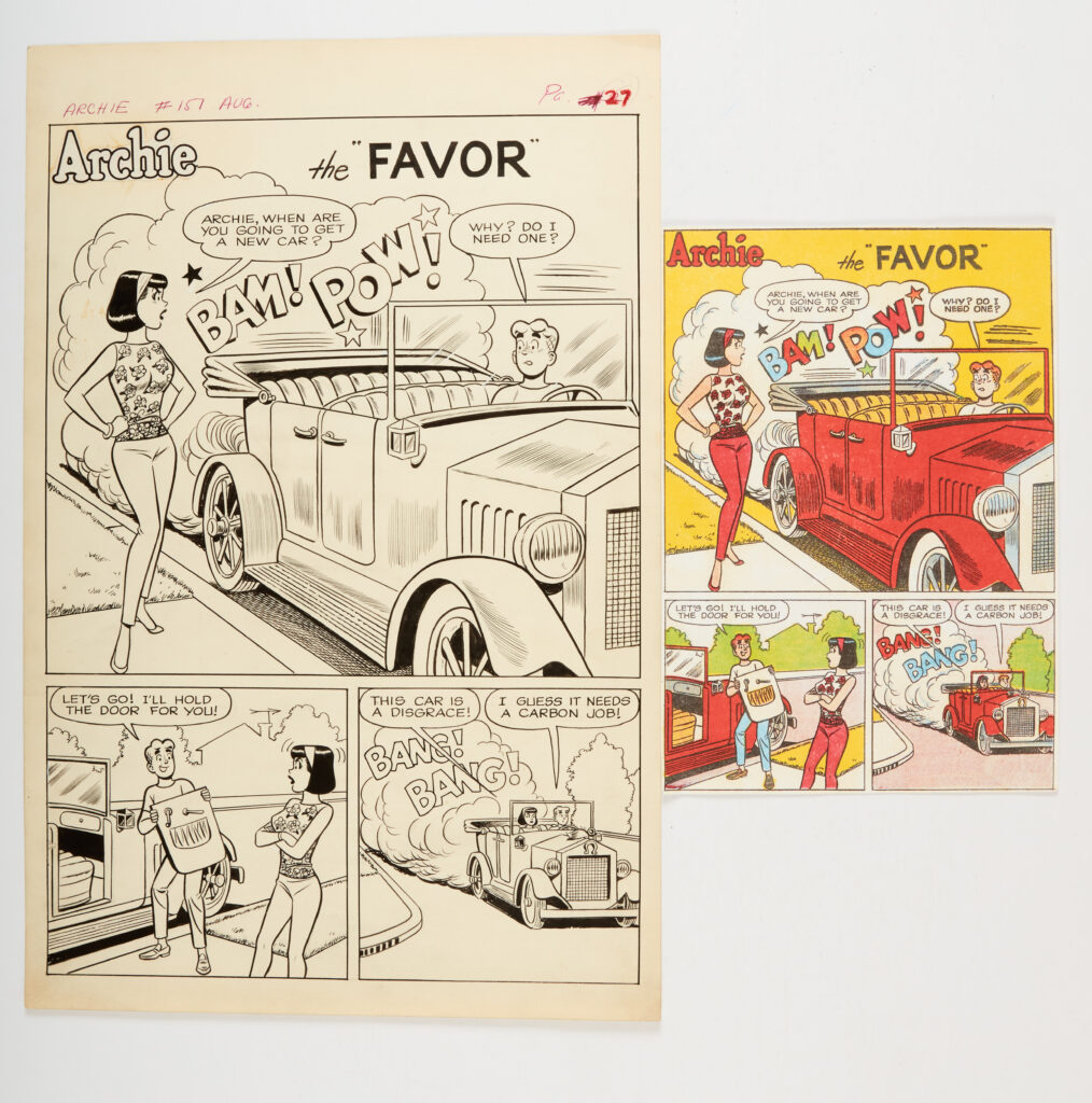 Archie Comics # 157 pg 27 'The Favor' original artwork (1965) by Harry Lucey and Mario Acquaviva with Archie comics pg.27 photocopy. Pen and ink on cartridge paper. 19 x 13 ins