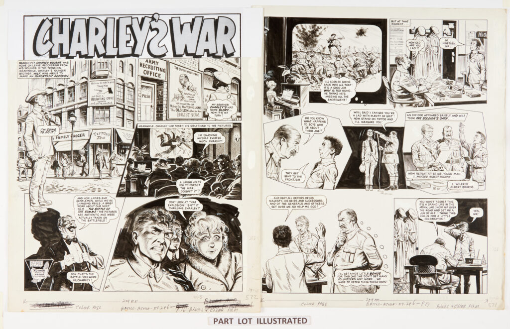 Charley's War: 3 original artworks (1979) by Joe Colquhoun with script by Pat Mills for Battle-Action No 286 pages 16, 17, 18 (including two alternative lower panels for pg 18). 'March 1917. Charley Bourne was home on leave recovering from his wounds in the trenches. Meanwhile Charley's younger brother, Wilf, was about to make an important decision... Pen and ink on card, 18 x 15 ins (3 artworks)